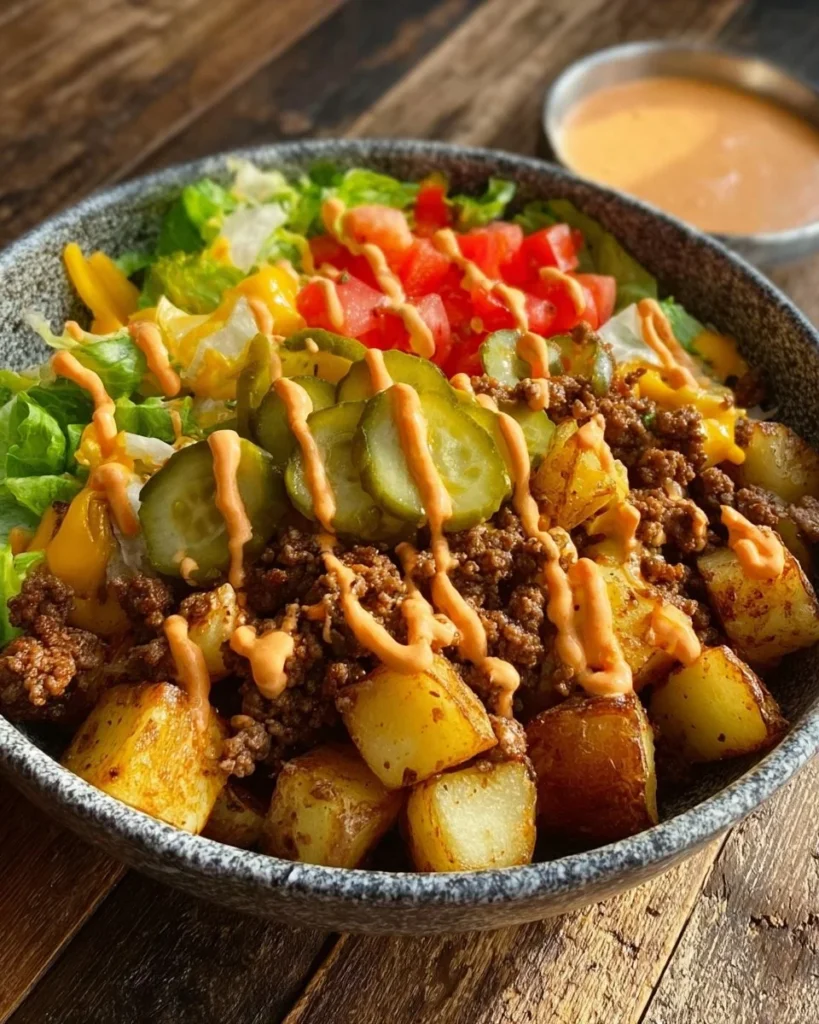 Delicious Loaded Burger Bowl topped with special sauce and fresh ingredients