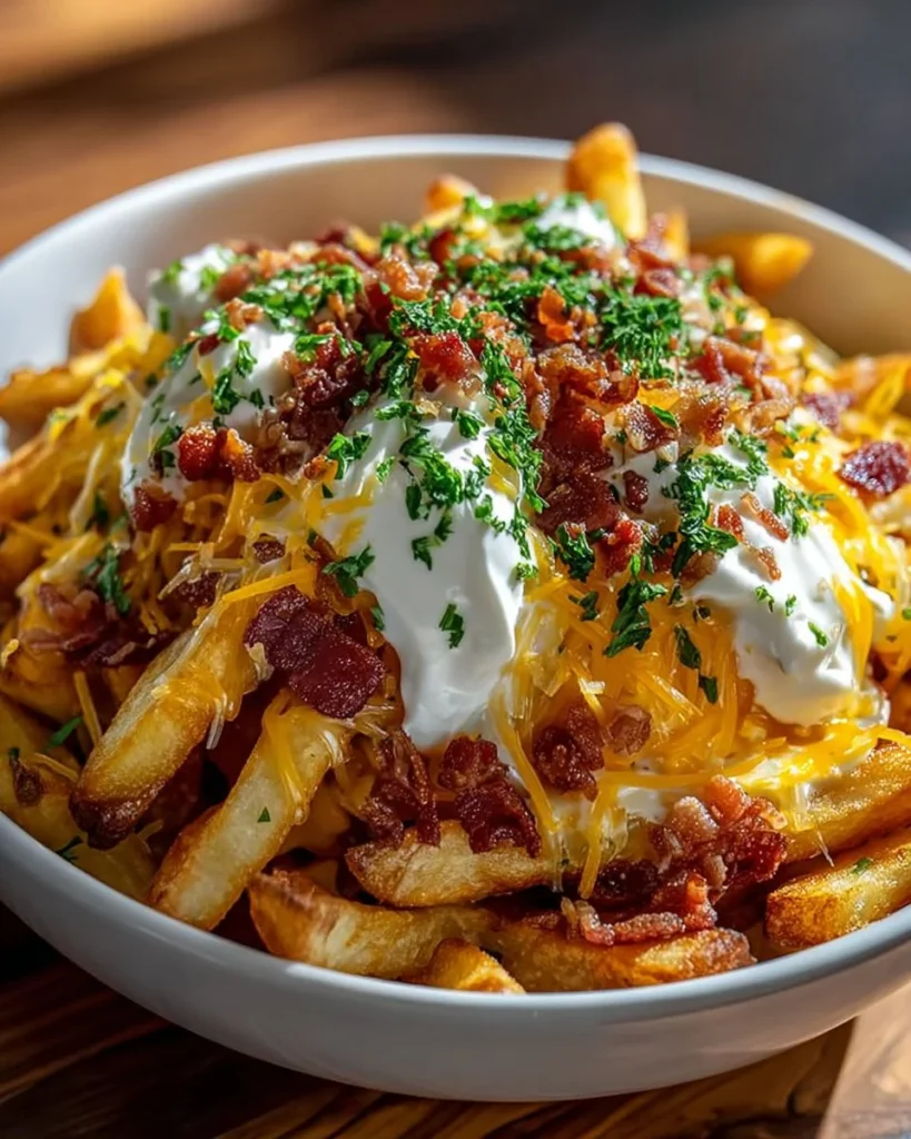 Loaded cheese fries topped with bacon and sour cream on a plate
