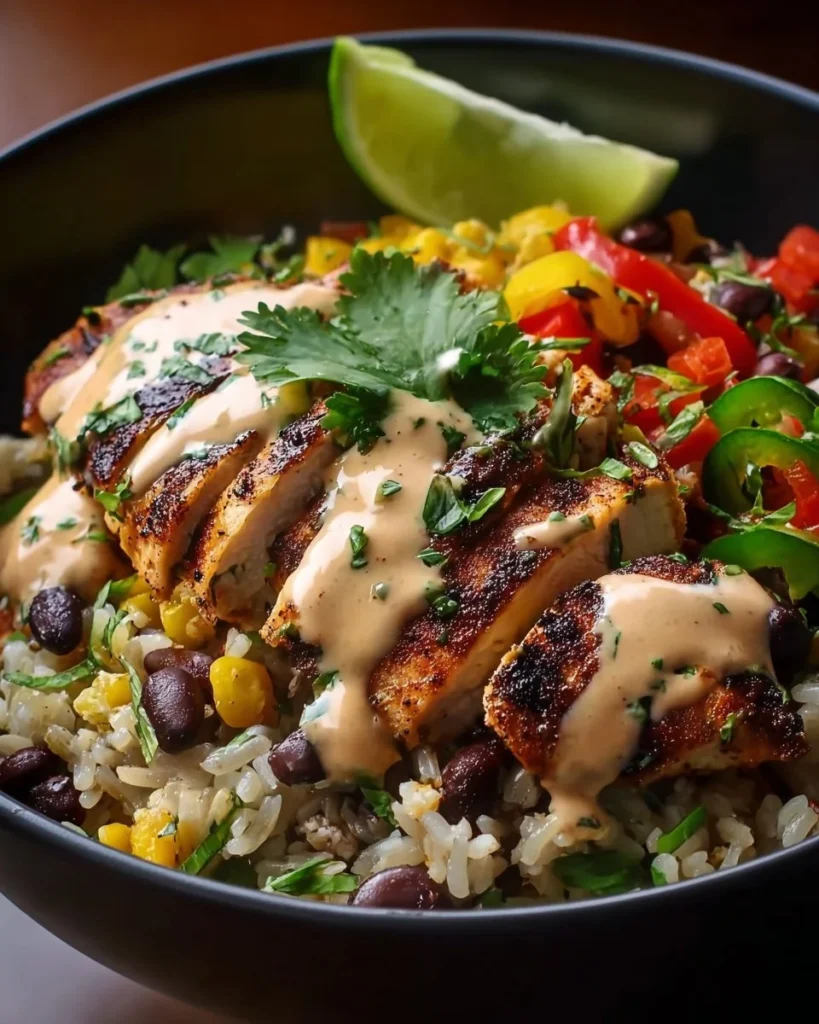 Delicious loaded chicken fajita rice bowl with colorful veggies and spices