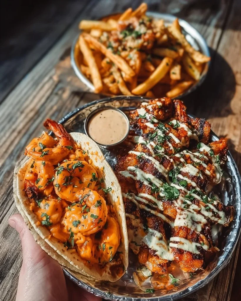 Delicious loaded ham fries topped with cheese and garnishes