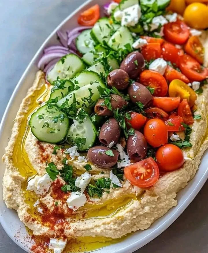 Delicious loaded hummus topped with fresh ingredients and vibrant spices.