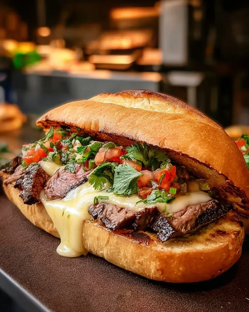 Delicious loaded steak sandwich topped with fresh ingredients and savory flavors.