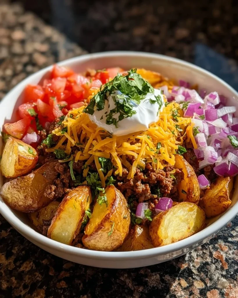 Delicious Loaded Taco Potato Bowl with toppings