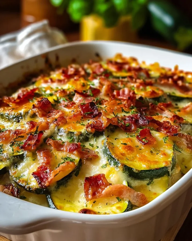 Loaded Zucchini and Squash Bake in a casserole dish, garnished with herbs.