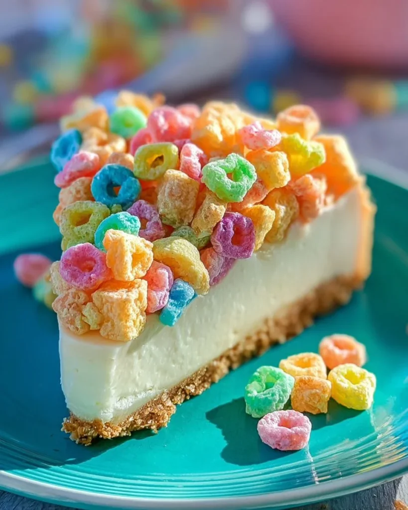 Lucky Charms No-Bake Cheesecake topped with colorful marshmallows.
