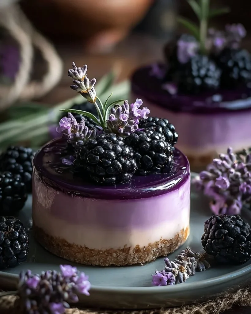 Delicious blackberry lavender cheesecakes topped with fresh berries and lavender sprigs