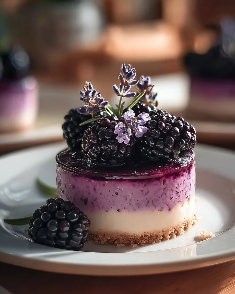 Delicious blackberry lavender cheesecakes topped with fresh berries and lavender.