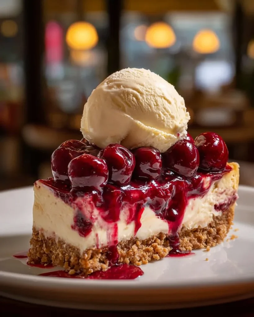 Delicious cherry crumble dessert topped with crispy oats and served in a bowl.
