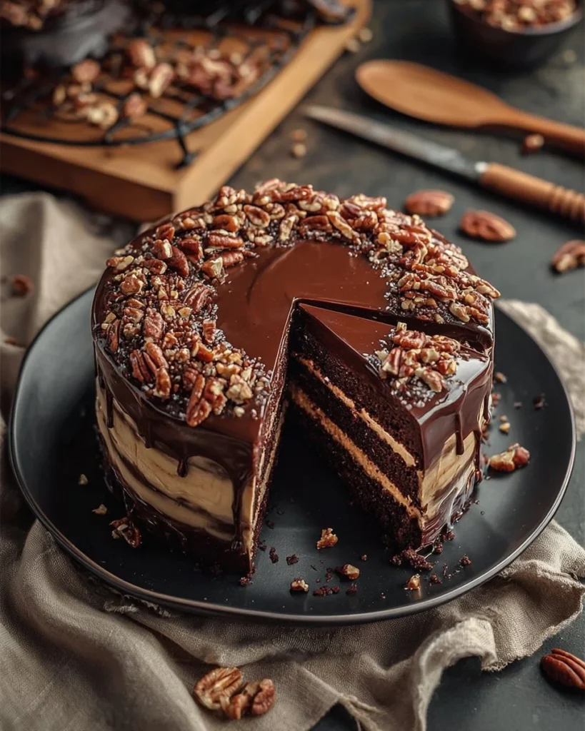 Luscious chocolate caramel pecan layer cake with rich frosting and pecan topping