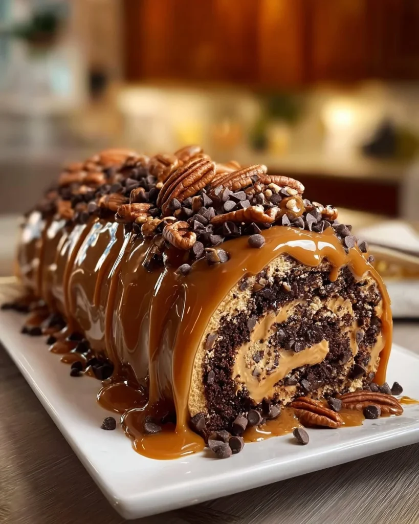 Luscious chocolate caramel roll drizzled with caramel sauce