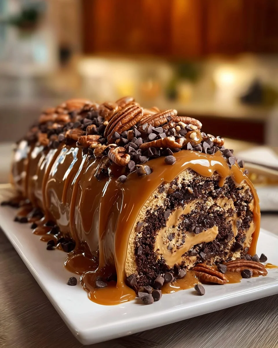 Luscious chocolate caramel roll drizzled with caramel sauce