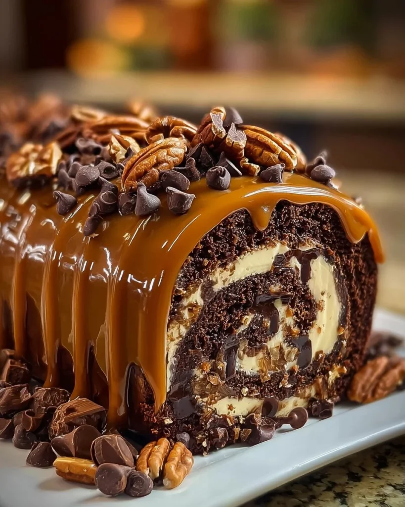 Luscious chocolate caramel roll drizzled with rich caramel sauce
