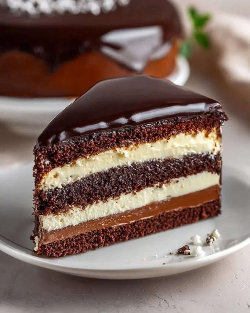 Luscious chocolate cheesecake cake with a smooth ganache glaze