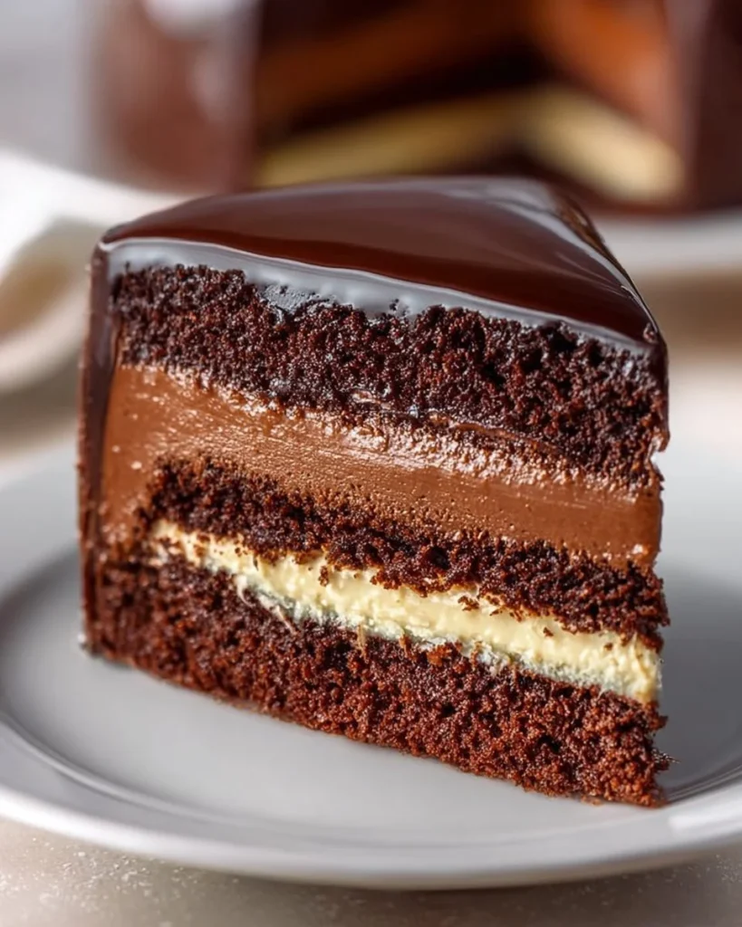 Luscious chocolate cheesecake cake topped with smooth ganache glaze.