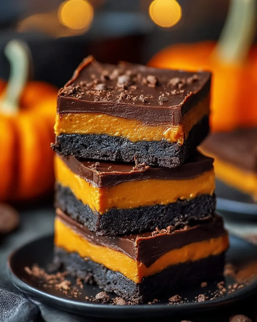 Luscious chocolate pumpkin bars with drizzled chocolate on top