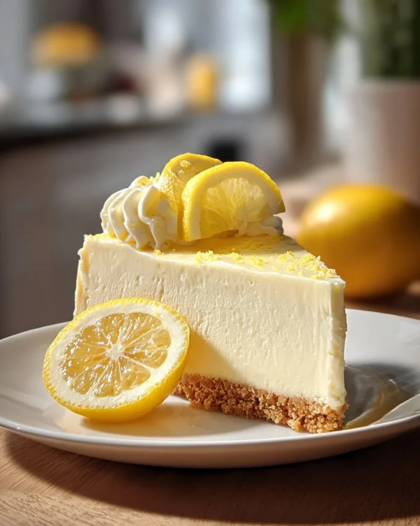 Slice of luscious lemon cheesecake cake topped with fresh lemon zest and whipped cream
