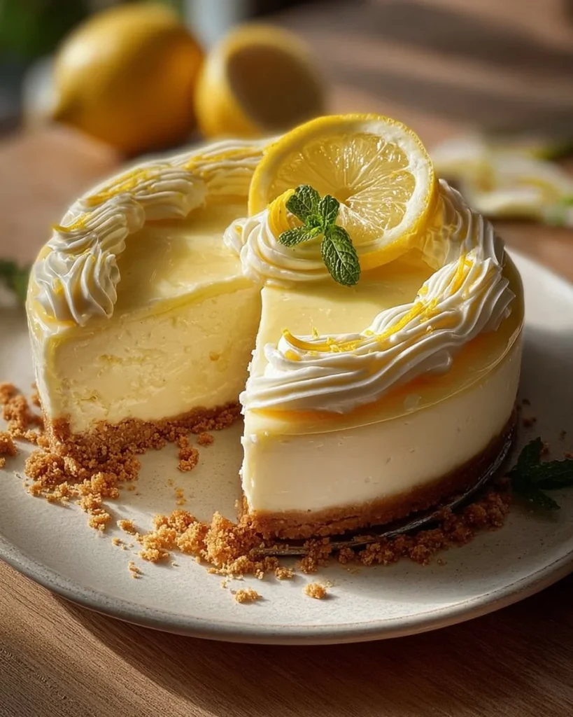 Luscious lemon cheesecake topped with fresh lemon slices and whipped cream