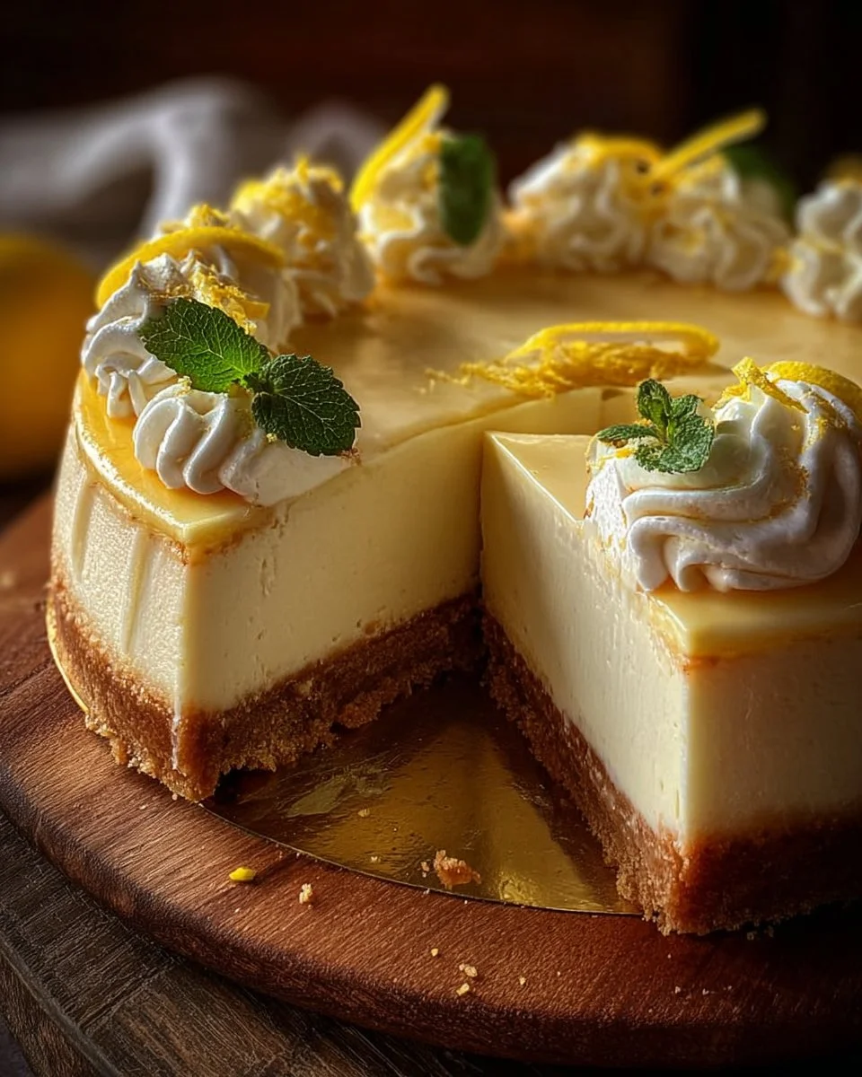 Delicious slice of luscious lemon cheesecake with creamy filling and lemon zest.