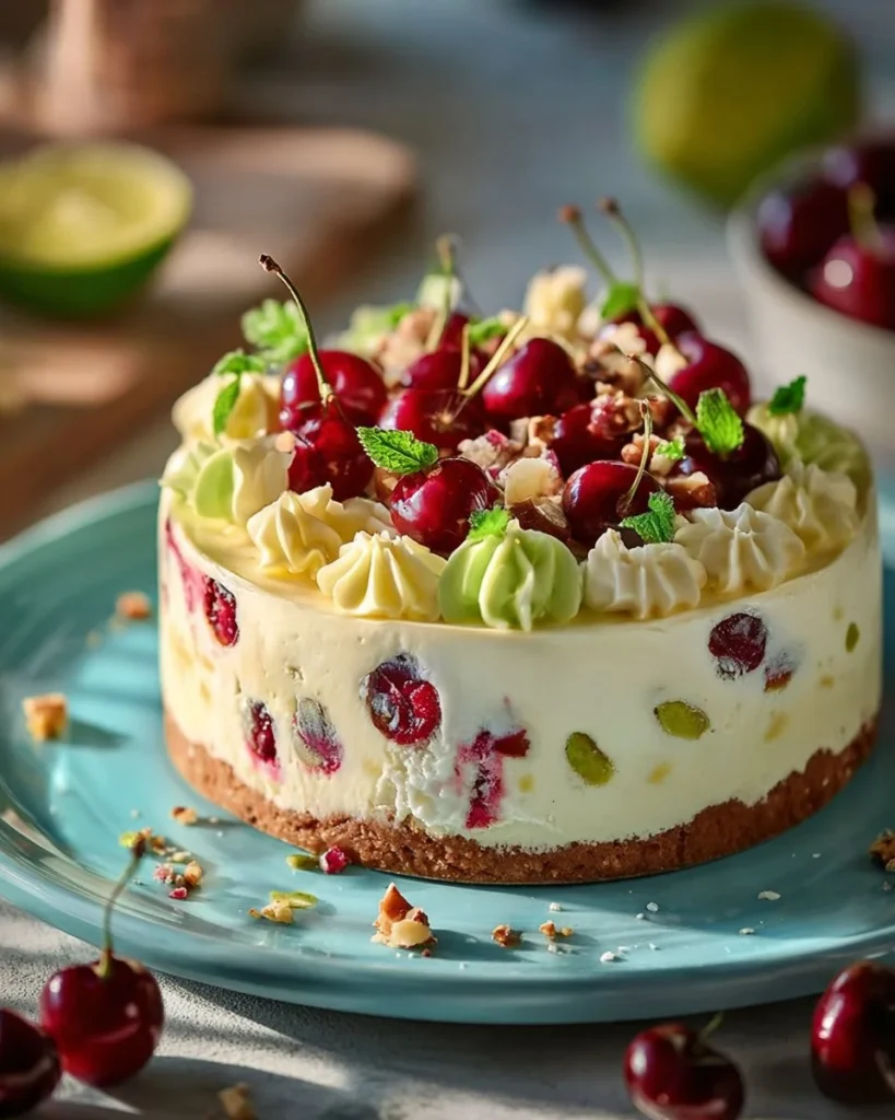 Luscious lemon-lime cherry pistachio cheesecake topped with nuts and fruit