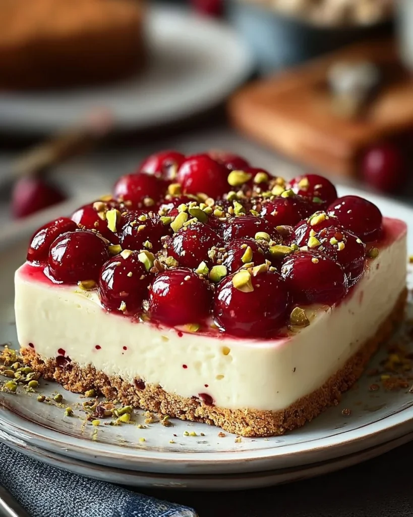 Lemon-lime cheesecake topped with cherries and pistachios on a white plate.