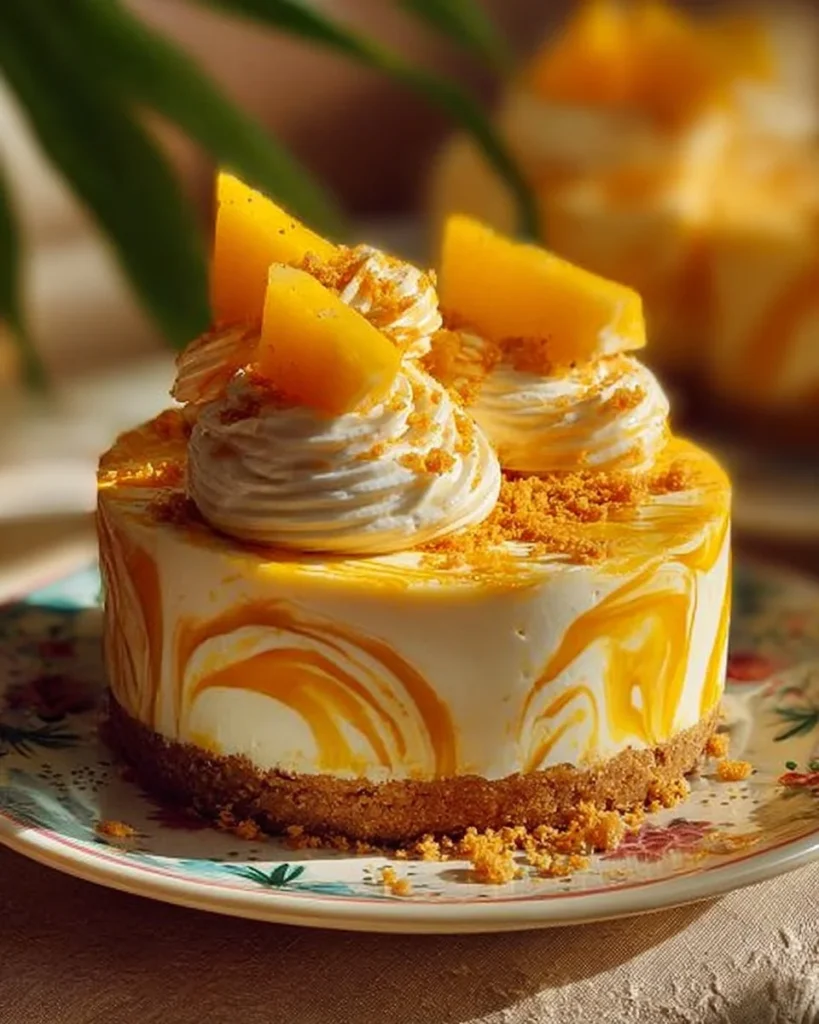 Luscious mango cheesecake slice on a plate topped with fresh mango slices.