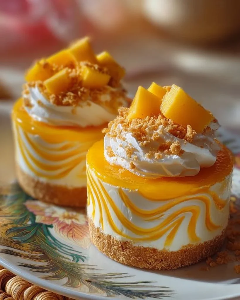 Delicious slice of mango cheesecake topped with fresh mango slices