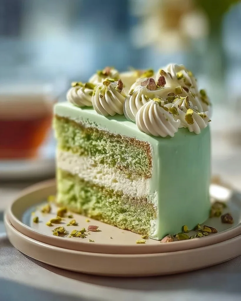 Luscious pistachio cream cake with creamy frosting and crushed pistachios on top.