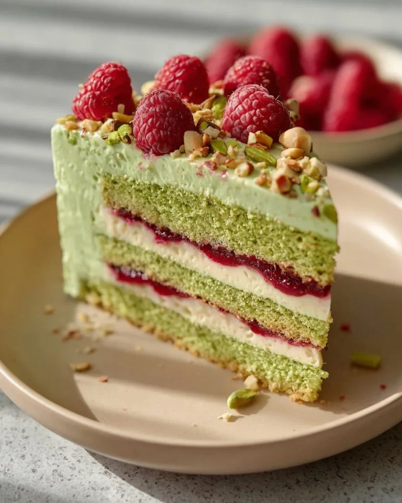 Deliciously layered Pistachio-Raspberry Layer Cake with a rich frosting