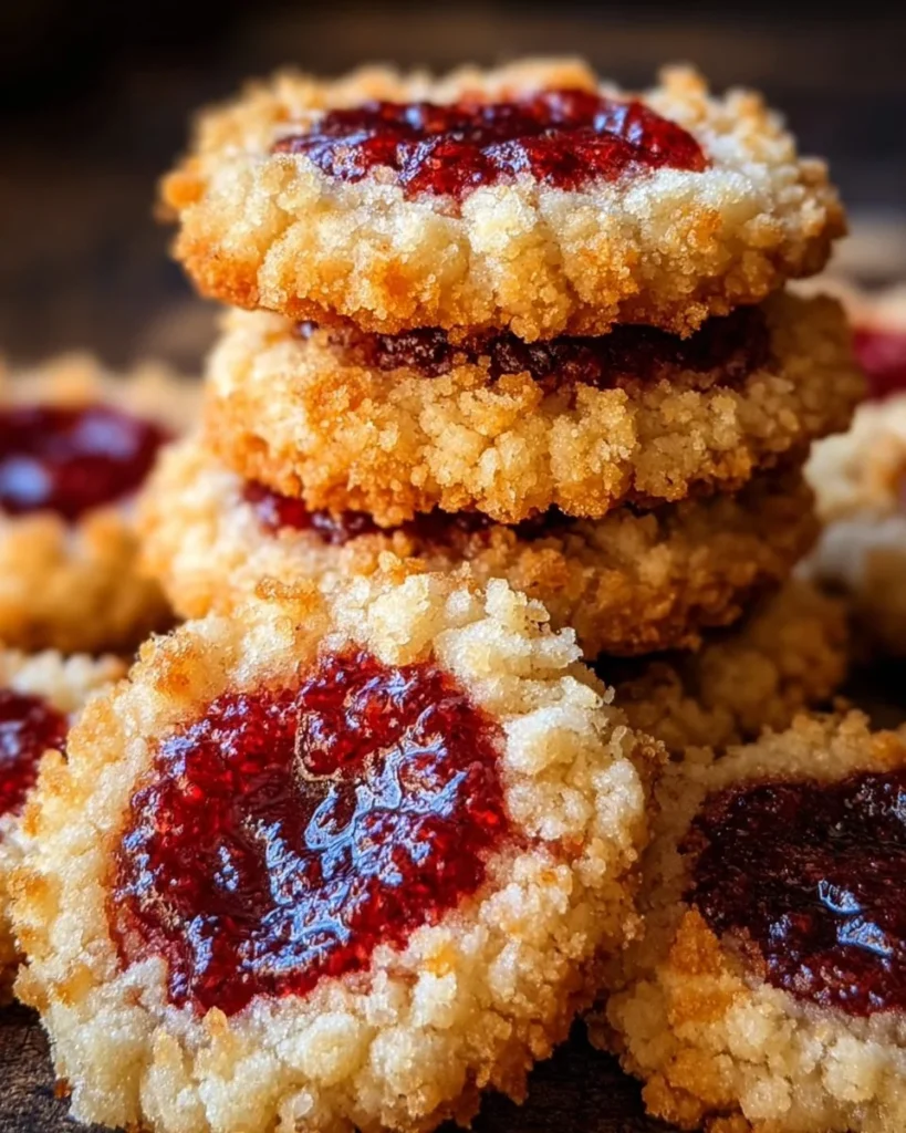 Luscious raspberry jam-stuffed crumble cookies on a plate
