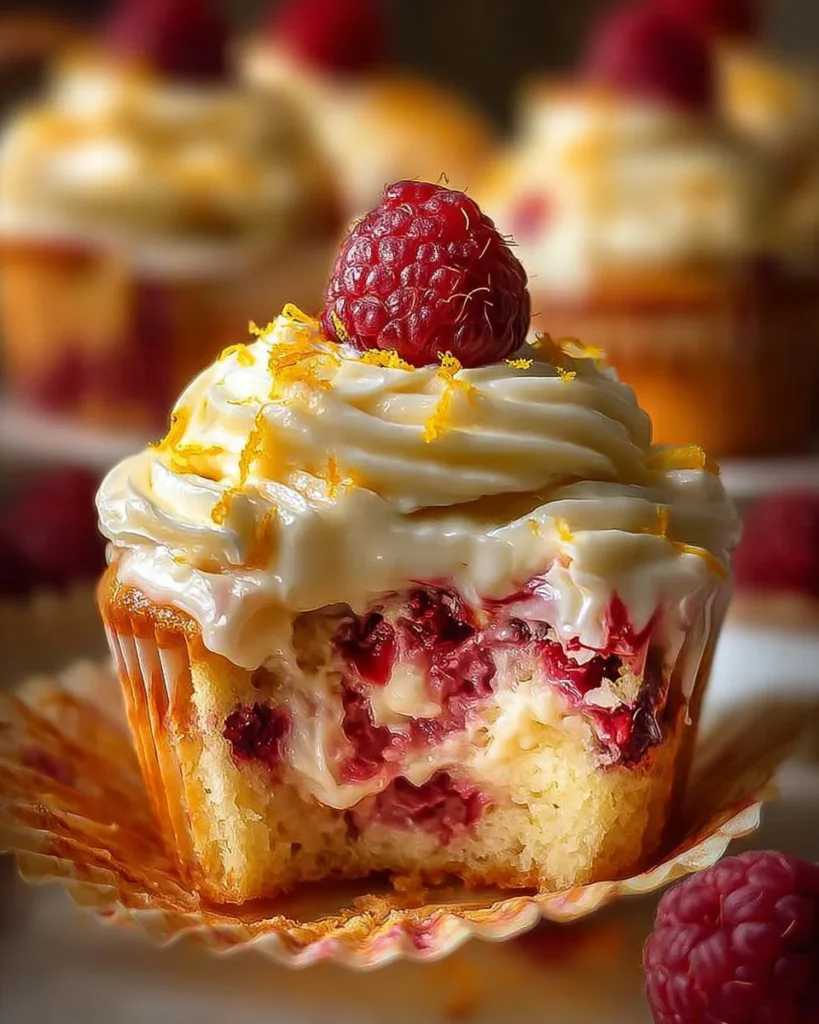 Delicious raspberry lemon cupcakes topped with frosting and fresh raspberries