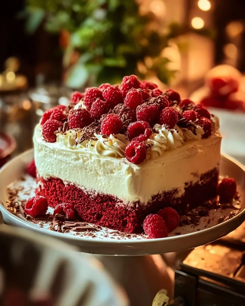 Luscious Red Velvet Raspberry Poke Cake topped with fresh raspberries