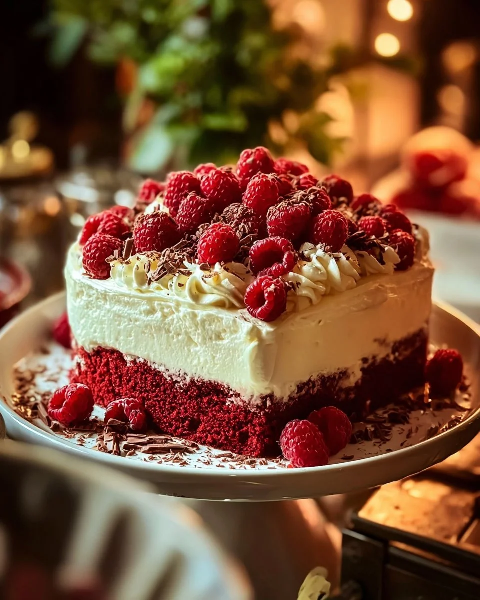 Luscious Red Velvet Raspberry Poke Cake topped with fresh raspberries