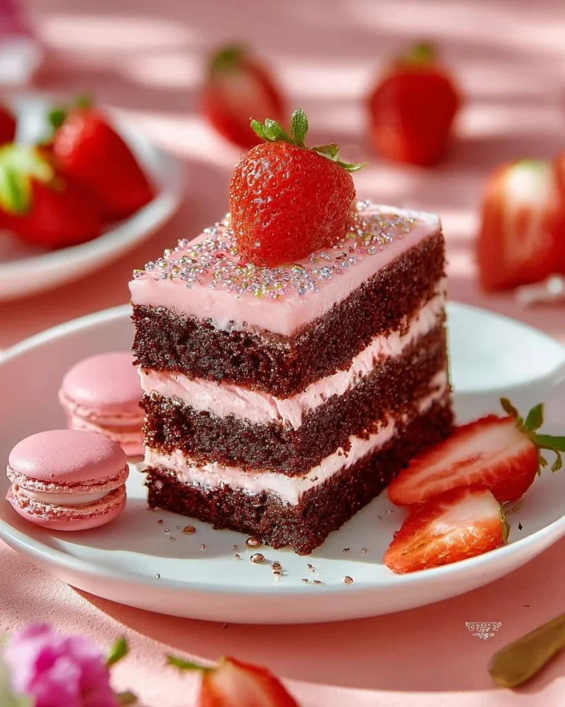 Delicious strawberry chocolate dessert, showcasing rich chocolate and fresh strawberries.
