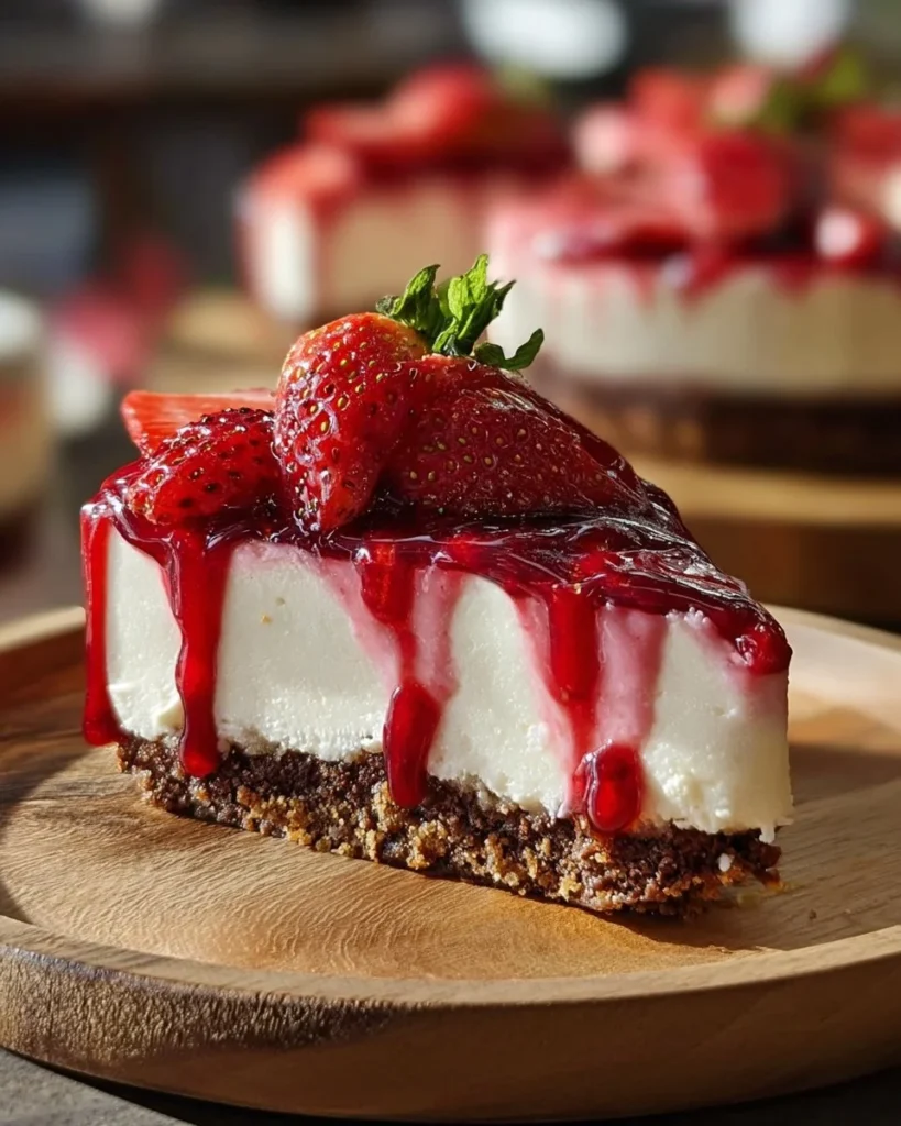 Luscious Strawberry Dream Cheesecake topped with fresh strawberries and creamy filling