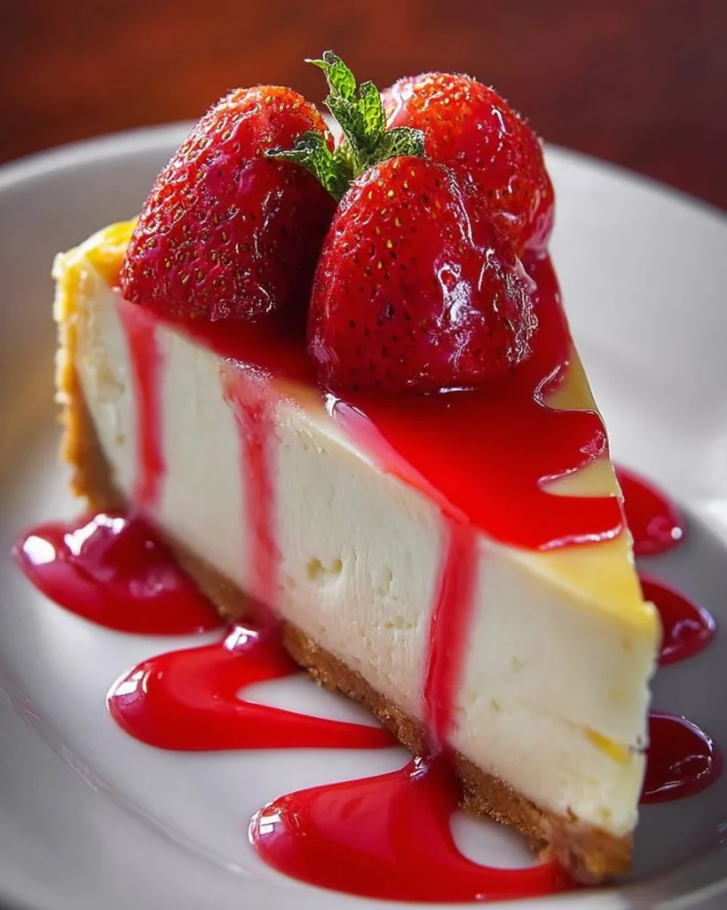 Luscious strawberry lemon cheesecake with fresh strawberries on top