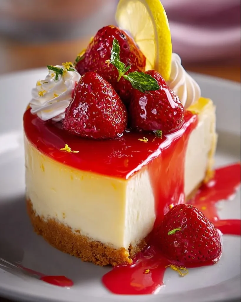 Slice of luscious strawberry lemon cheesecake with fresh strawberries on top