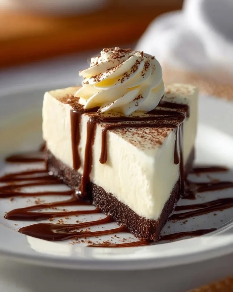 Sliced luscious vanilla chocolate cheesecake with rich chocolate drizzles