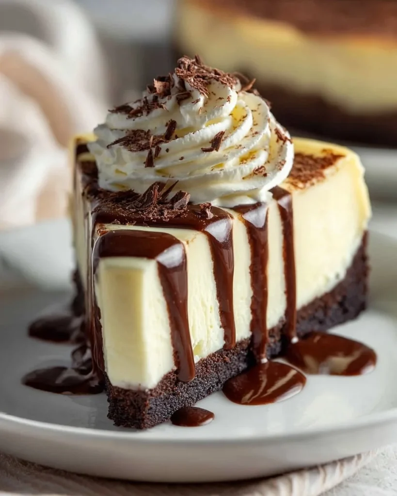Slice of luscious vanilla chocolate cheesecake topped with chocolate shavings