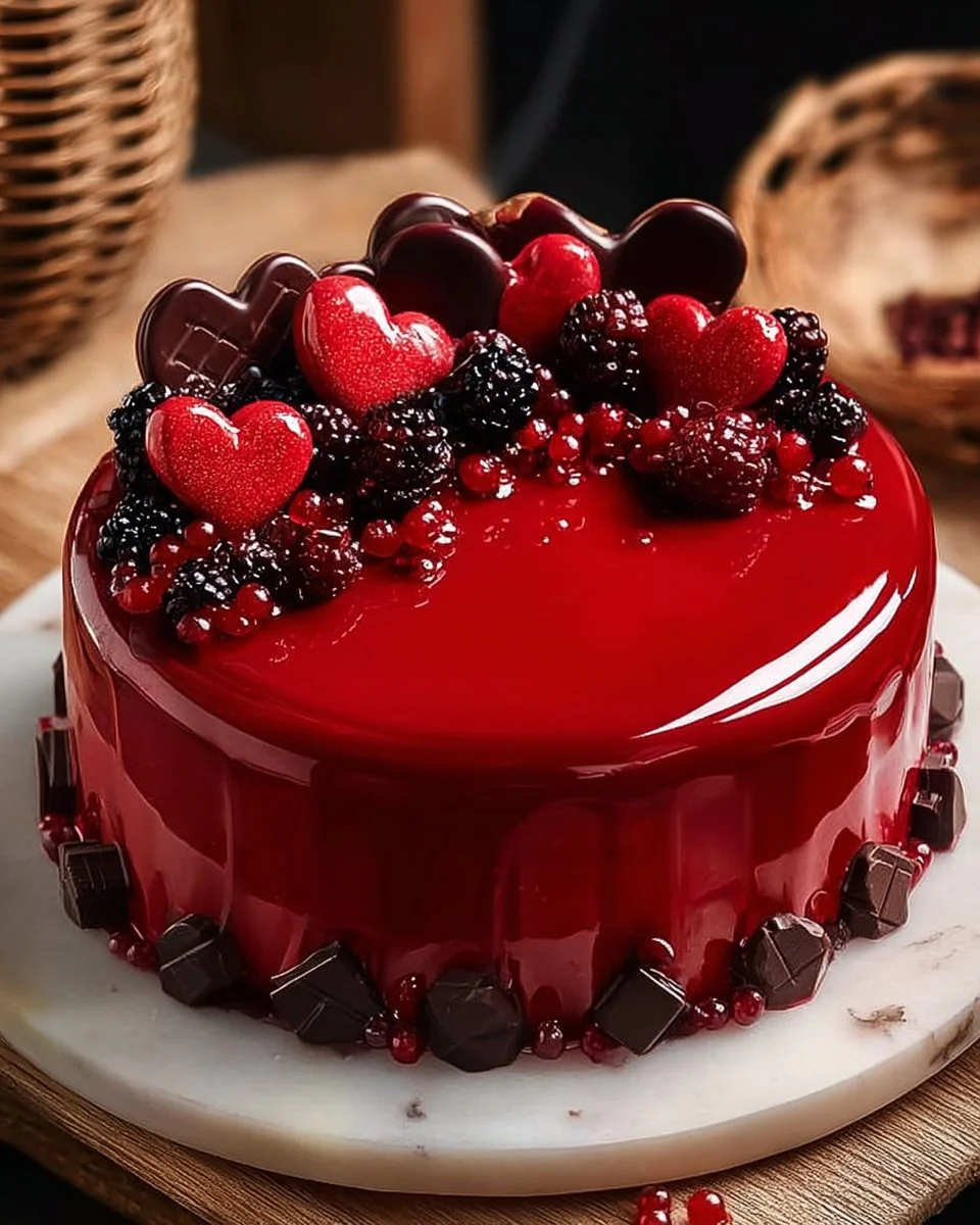 Lustrous Berry Mirror Glaze Cake with vibrant berry colors and glossy finish