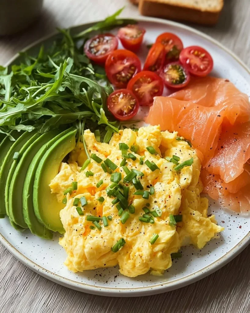 Luxe Scrambled Egg Plate featuring Smoked Salmon and Avocado