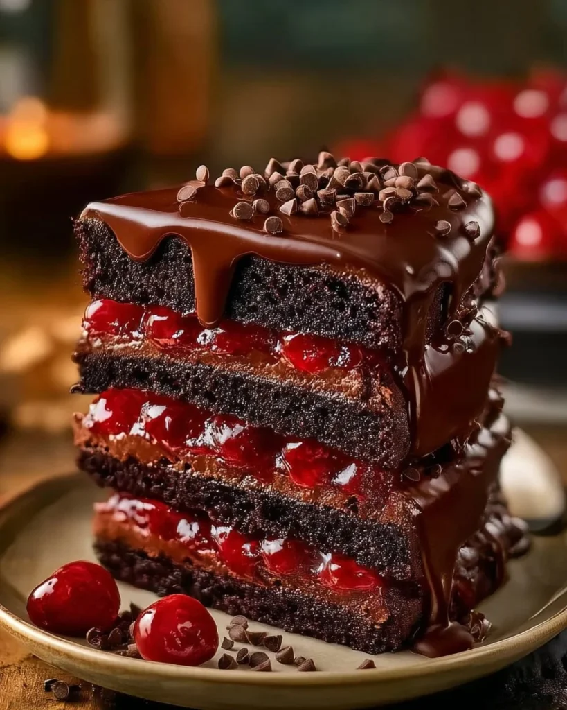 Luxurious Black Forest Cake with chocolate layers, cherries, and whipped cream.