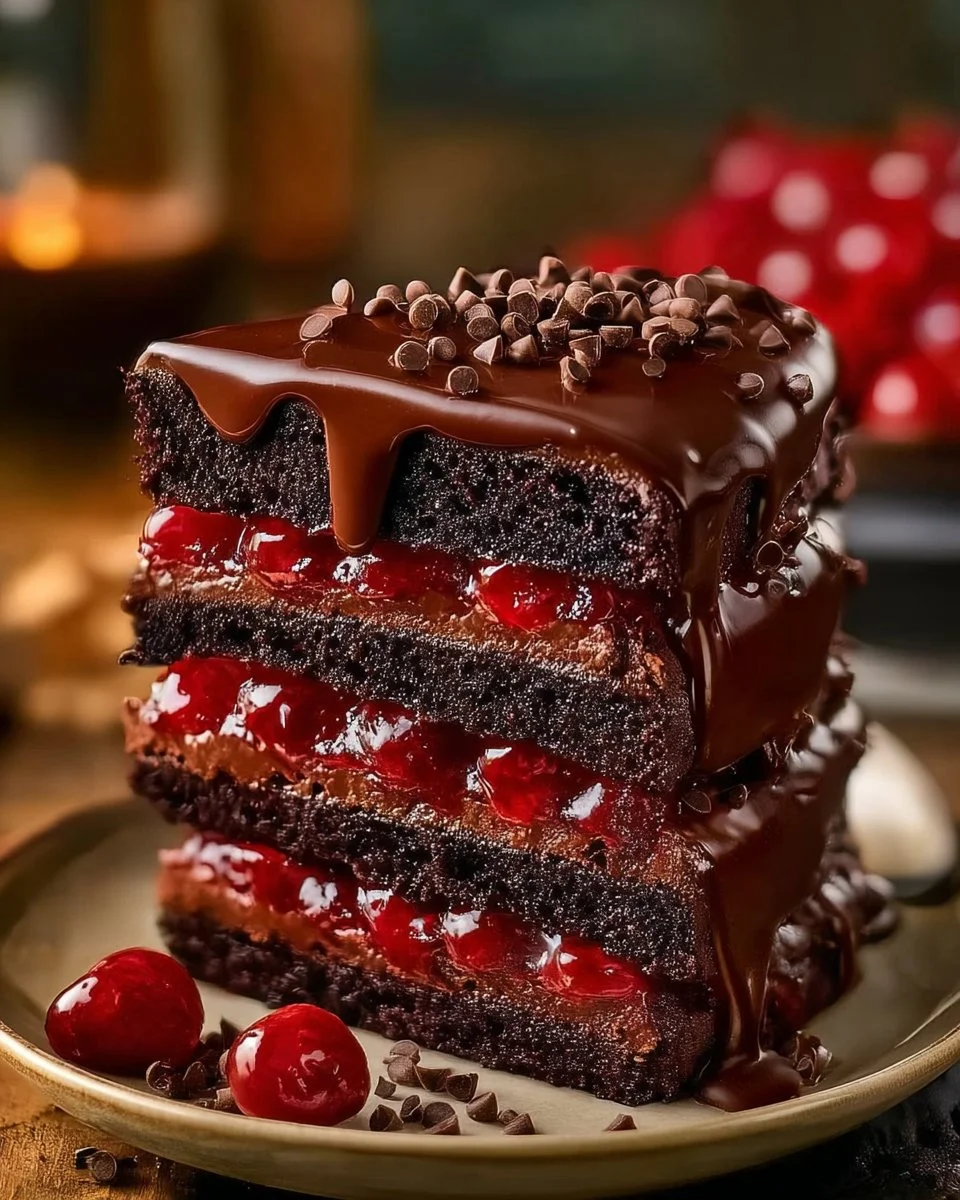 Luxurious Black Forest Cake with chocolate layers, cherries, and whipped cream.