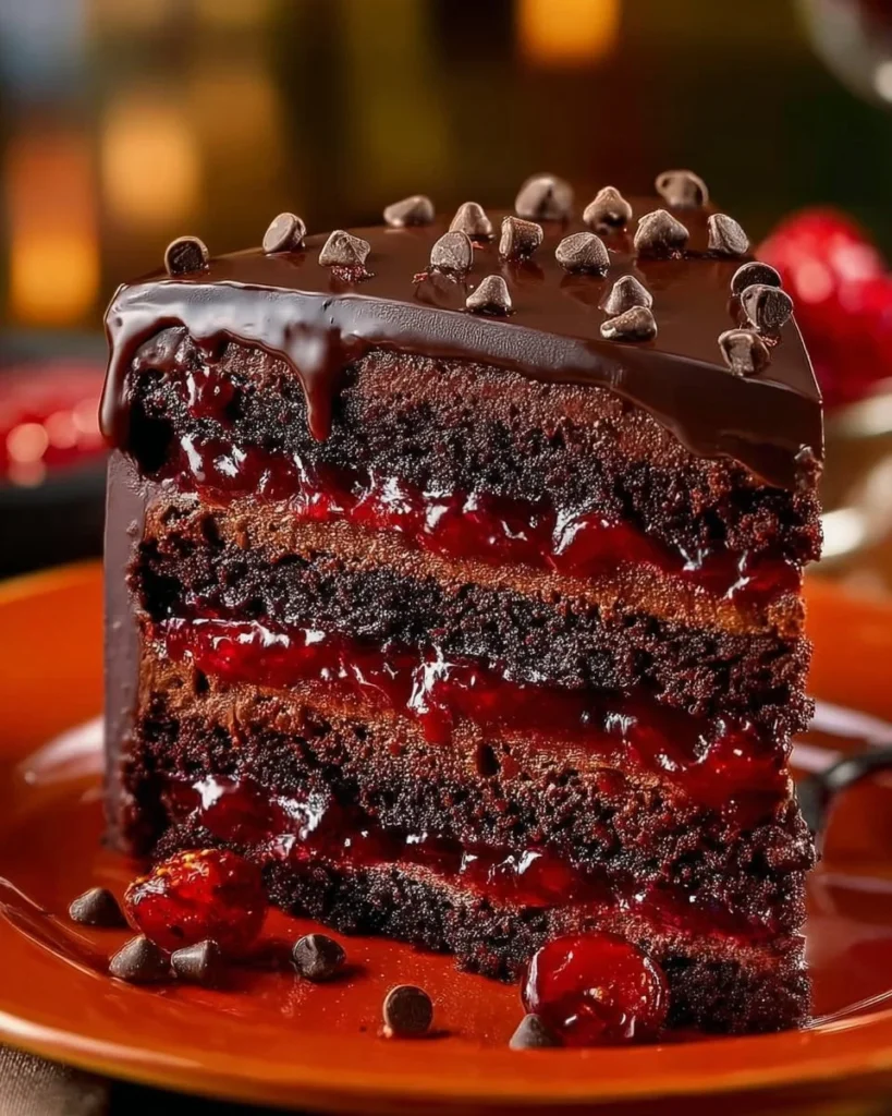 Luxurious black forest cake with chocolate layers and cherries