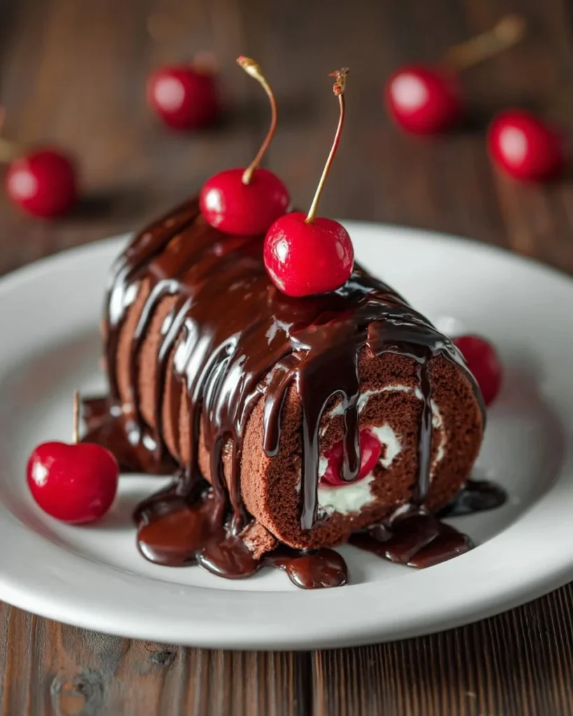 Luxurious Black Forest Roll Cake with chocolate, cherries, and whipped cream