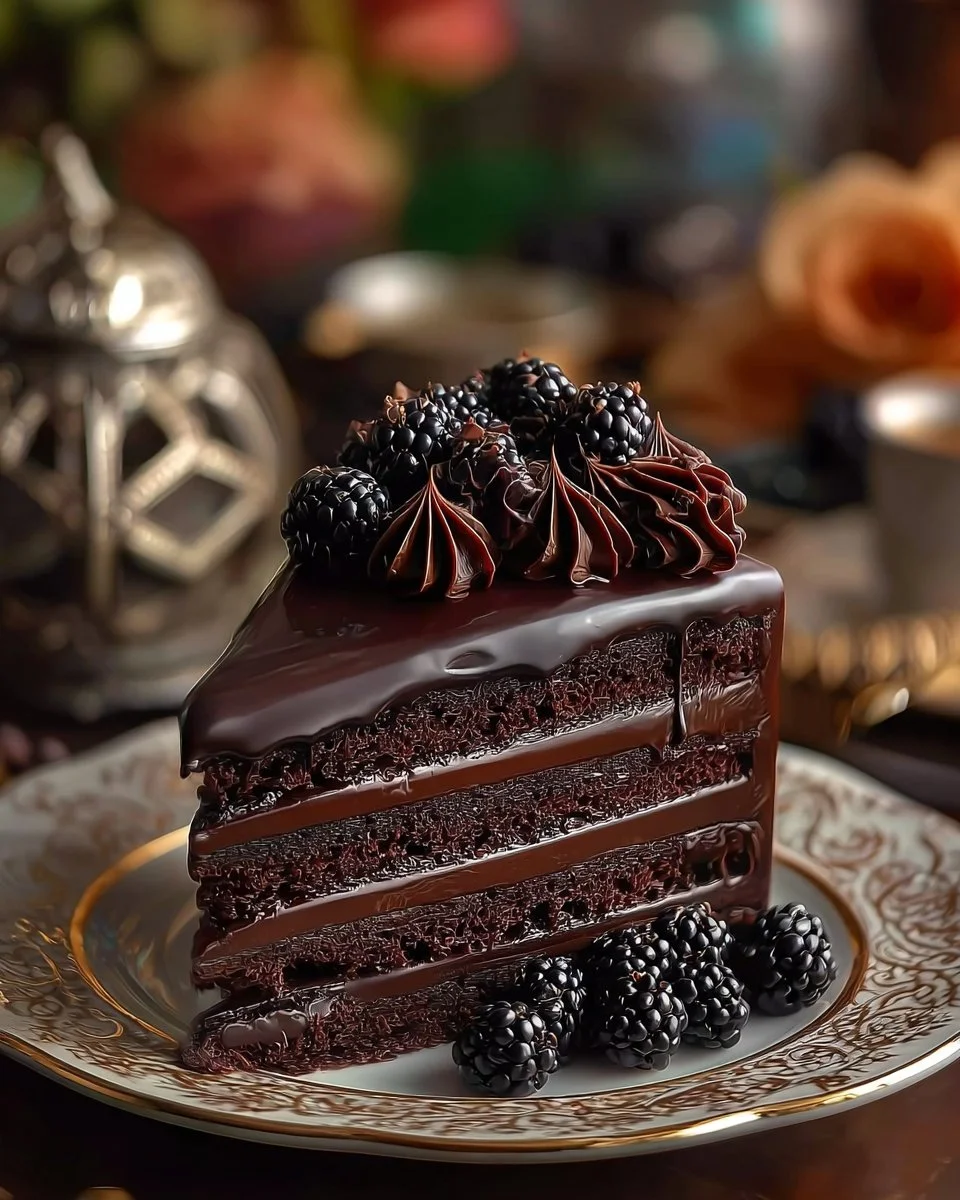 Delicious slice of luxurious black velvet cake decorated with cream frosting