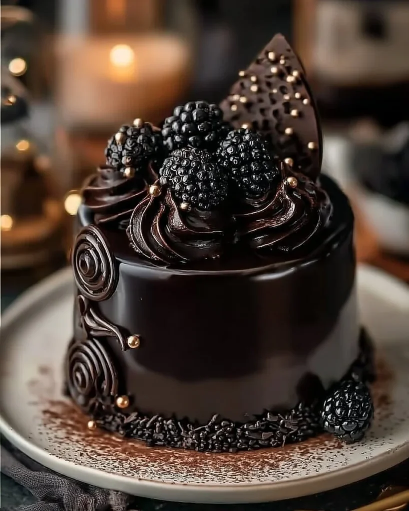 A slice of luxurious black velvet cake with rich frosting on a decorative plate.