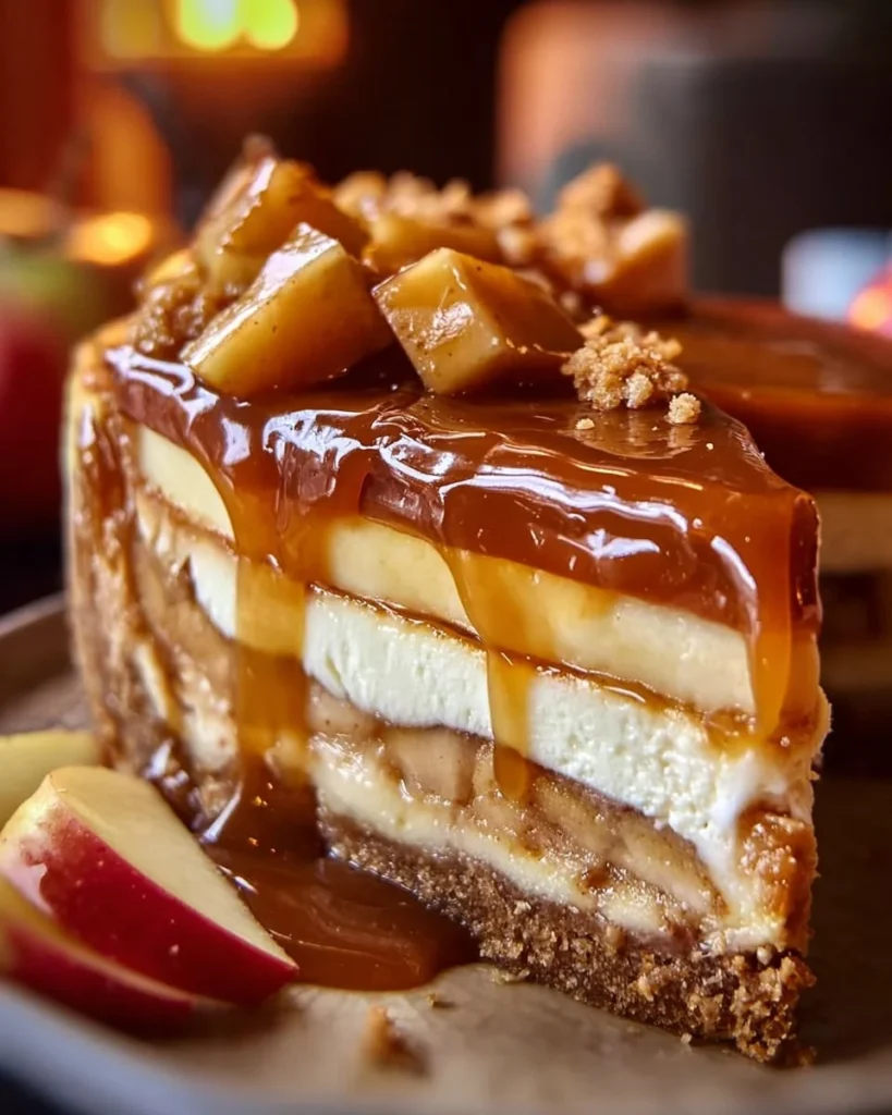 Luxurious caramel apple cheesecake topped with caramel drizzle and apple slices
