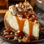 Luxurious caramel pecan cheesecake topped with toasted pecans and drizzled with caramel.
