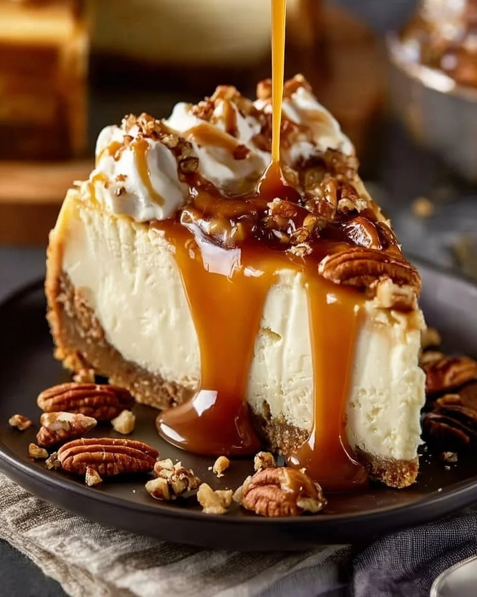 Luxurious caramel pecan cheesecake topped with toasted pecans and drizzled with caramel.