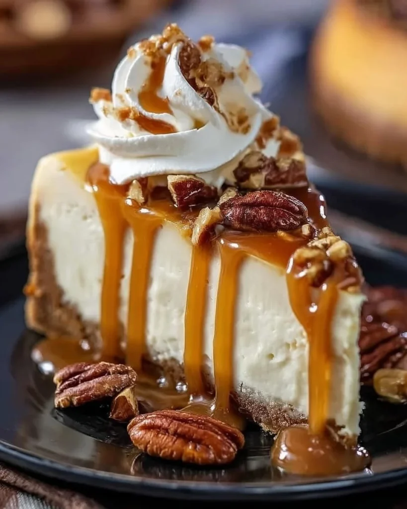 Slice of luxurious caramel pecan cheesecake topped with caramel sauce and pecans